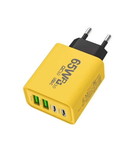 Incarcator Fast Charge pentru Telefon 65W, Flippy, Incarcator Quick Charge cu 2 Porturi USB-A 3.1A & 2 Porturi USB-C, Power Delivery 65W, Cap Standard European, Galben