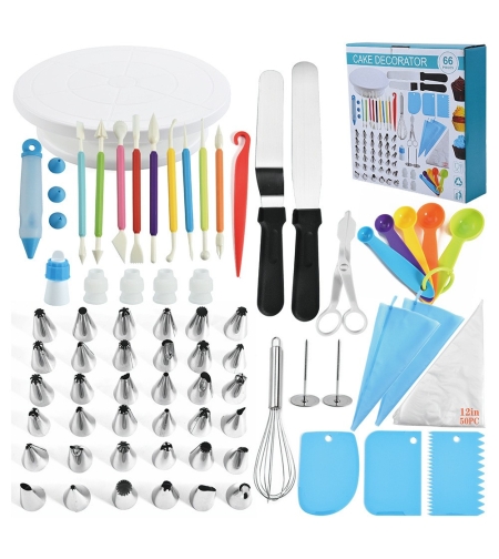 Set 66 Piese Ustensile pentru Ornare Prajituri, Flippy, din Plastic si Otel Inoxidabil, Multicolor