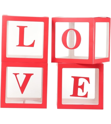 Set 4 Cutii pentru Baloane, Flippy, Model Scris Love, Tematica Iubire, Cuburi Decorative din Plastic, Accesorii pentru Petrecere, 30x30 cm, Transparente Contur Rosu