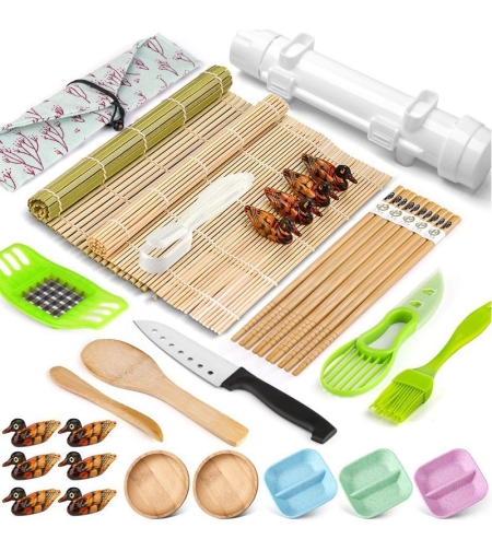 Set Ustensile pentru Sushi, Flippy, Set din 31 Accesorii pentru Sushi, Set pentru Sushi HOME MADE, Cutit Inclus, Forme, Betisoare, Multicolor