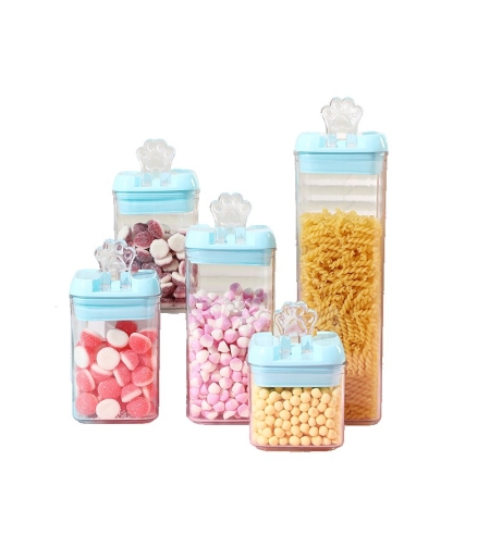 Set 5 Cutii de Depozitare Alimente, Flippy, 1 x 500ml, 2 x 800ml, 1 x 1200ml, 1 x 1900ml, Capac Albastru, din PP+PET, Inchidere Ermetica, Transparent
