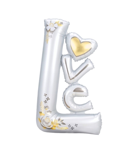 Balon din Folie Metalizata, Flippy, Figurine, Model LOVE, Tematica Iubire, 110x64 cm, Ambalaj Individual, Pai Inclus, Umflare cu Aer sau Heliu, Alb