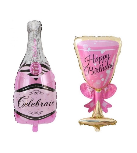 Set 2 Baloane din Folie Metalizata, Flippy, tematica Aniversare HAPPY BIRTHDAY, Figurine Model Sticla de Sampanie 50 x 108 cm si Pahar 48 x 93 cm, Roz