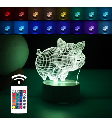 Lampa LED decorativa, Flippy, 3D, Porcusor Gras, din material acril si lumina multicolora, alb
