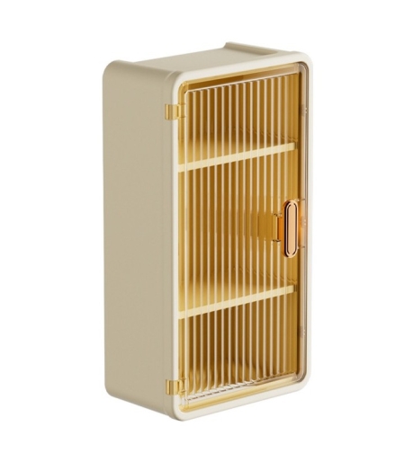 Organizator Cosmetice, Flippy, Montare pe Perete fara Perforare, 36.5x10.9x20 cm, cu 3 Rafturi, din PP si ABS, Bej, Usa Transparenta