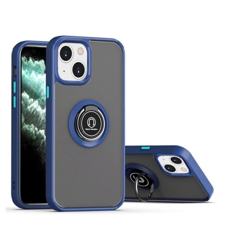 Husa Anti Fall Metal Bracket pentru Apple iPhone 14 Pro Max, Rezistenta la socuri, Margini colorate, Cu inel de prindere magnetic, Flippy, Albastru