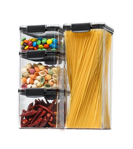Set 4 Recipiente din Plastic, Flippy, pentru Alimente/Obiecte, Inchidere Ermetica, 1 x 460 ml, 2 x 700 ml, 1 x 1300 ml, Transparent
