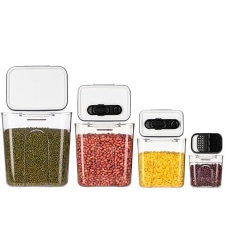 Set 4 Recipiente Depozitare Alimente,  Flippy, pentru Organizare Bucatarie, cu Inchidere Ermetica, Transparent, Plastic fara BPA, Compatibile cu Masina de Spalat Vase, Diferite Dimensiuni, 350 ml, 1300 ml, 2700 ml, 4600 ml