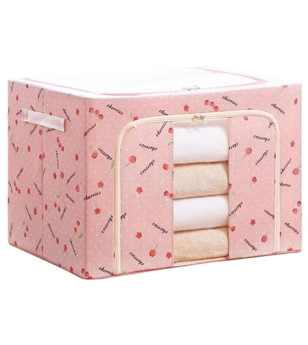 Cutie de Depozitare Pliabila, Flippy, Cu Fermoar, 100 L, Textil, 60x42x40 cm, cu Fereastra, Cadru Metalic, Suport Baza Stabil din Plastic, Imprimeu Cirese, Roz