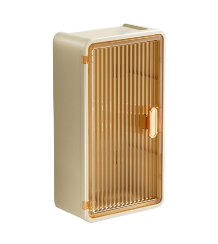 Organizator Cosmetice, Flippy, Montare pe Perete fara Perforare, 36.5x10.9x20 cm, din PP si ABS, Bej, Usa Transparenta