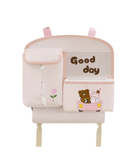 Geanta Multifunctionala de Depozitare, Flippy, pentru Bancheta din Spate a Masinii, Animat, Model Ursuleti, Scris Good Day, Suport Servetele si Telefon, 25x31 cm, Roz