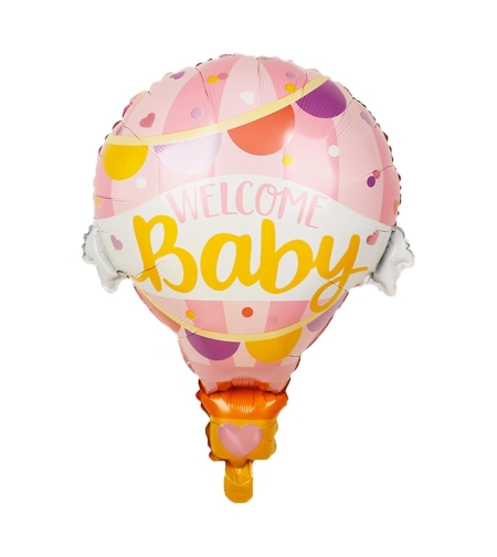Balon din Folie Metalizata, Flippy, Mini Figurine, Model Balon cu Aer Cald Fetita, Tematica Welcome Baby, 80x62 cm, Ambalaj Individual, Pai Inclus, Umflare cu Aer sau Heliu, Roz