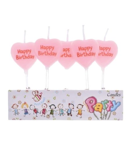 Set 5 Lumanari de Tort, Flippy, Model Inima, Text Happy Birthday, 2.5 x 2.5 cm, din Ceara, Multicolor