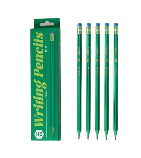 Set 12 Creioane Negre, Flippy, HB, pentru Scoala, cu Radiera, Model Verde-Albastru, 19 cm