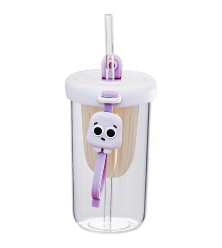 Pahar din silicon, cu capac si pai, pentru copii, Flippy, anti-cadere, compartiment pentru fructe/ceai/gheata, rezistent la temperaturi inalte, 500ml, Mov, 14.5x8.8x20 cm