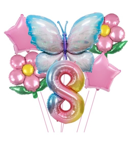 Set baloane aniversare cu numere, din folie de aluminiu, 6 piese, 2 flori, 2 stelute, 1 fluture, 1 cifra, Multicolor, Cifra 8