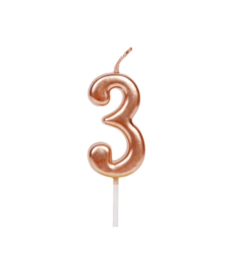 Lumanare de Tort, Flippy, Model Cifra 3, Party, 4.5 x 2.5 cm, din Parafina, Rose Gold