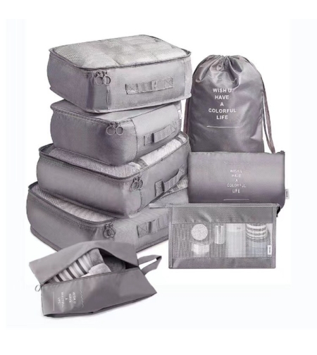 Set 8 huse organizare bagaj Flippy, material poliester, impermeabil, cu fermoar, pentru calatorii sau dulap, sac pentru pantofi inclus, pliabil, gri