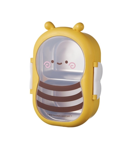 Cutie pentru Pranz, Flippy, din PP si Otel Inoxidabil, Model Albina, 2 Compartimente, 301-500 ml, Galben