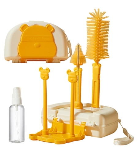 Set 7 Piese de Spalat/Uscat Biberoane, Flippy, Portabil, Peri de Silicon, pentru Tetine, Suzete, Biberoane, Paie, Cutie Inclusa, 16 x 11 x 5 cm, Model Ursulet, Galben