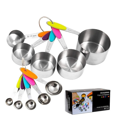 Set 10 Piese de Masurare, Flippy, 5 Linguri Gradate + 5 Cesti Gradate, Otel Inoxidabil + Silicon, 19 x 8 x 9 cm, Multicolor