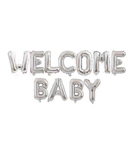 Set Baloane din Folie Metalizata, Flippy, Figurine Litere, Model Welcome Baby, Tema Aniversare, 40 cm, Ambalaj Individual, Pai inclus, Umflare cu Aer sau Heliu, Argintiu