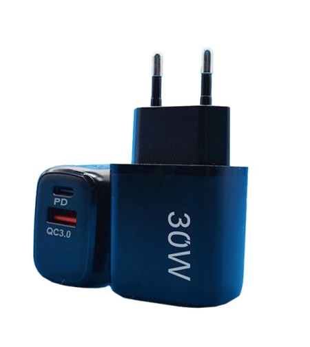Incarcator Fast Charging pentru Telefon, Flippy, Dual Port USB-A si USB-C cu Cap de Incarcare Standard European, 30W Q.C 3.0, Negru