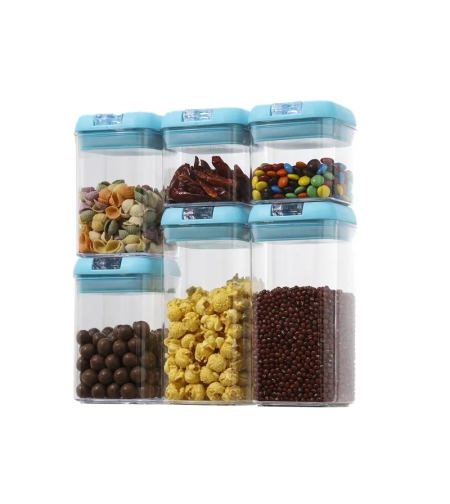 Set 6 Cutii de Depozitare Alimente, Flippy, 2 x 500ml, 2 x 800ml, 2 x 1200ml, Capac Albastru, din PP+PET, Inchidere Ermetica, Transparent