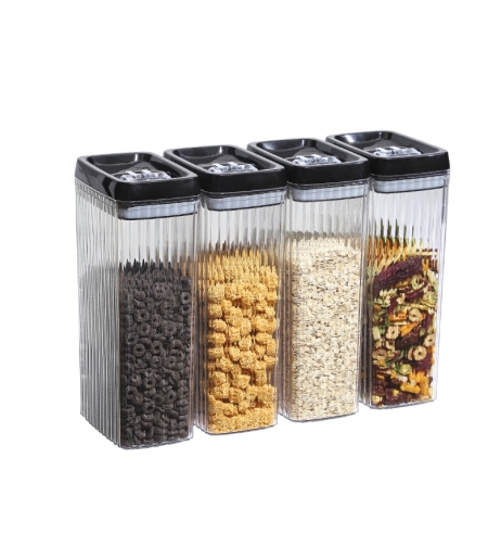 Set 4 Recipiente din Plastic, Flippy, pentru Alimente/Obiecte, Inchidere Ermetica, Textura Ondulata, 4 x 3.3 l, Transparent