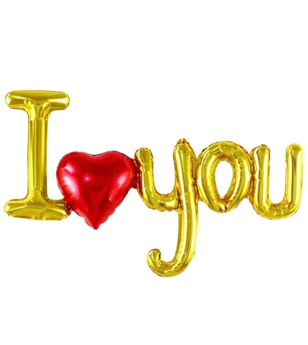 Set Baloane Folie Metalizata, Flippy, Model I LOVE YOU cu Inimioara, 54x97 cm, Tematica Ziua Îndrăgostiților, Ambalaj Individual, Pai Inclus, Umflare cu Aer sau Heliu, Auriu