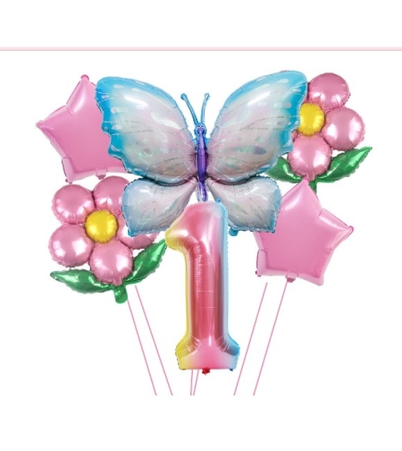 Set baloane aniversare cu numere, din folie de aluminiu, 6 piese, 2 flori, 2 stelute, 1 fluture, 1 cifra, Multicolor, Cifra 1
