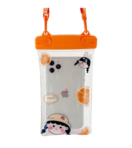 Husa subacvatica Fruity Waterproof Flippy, Snowproof, Universala, Impermeabila, cu Snur, pentru telefon sau documente, Orange Girl 2, Oranj