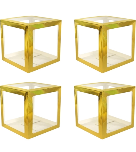 Set 4 Cutii pentru Baloane, Flippy, Model Simplu, Tematica Aniversare, Cuburi Decorative din Plastic, Accesorii pentru Petrecere, 30 x30 cm, Transparente Contur Auriu