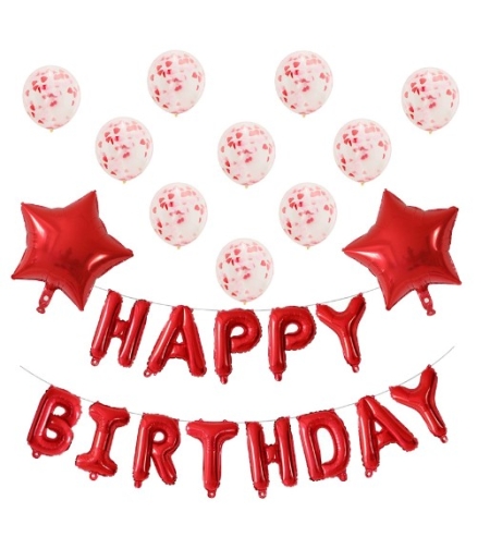 Set 12 Baloane si 1, Set pentru Aniversare, mesaj Happy Birthday, din folie de aluminiu, 30 -45 cm, Cu paiete, latex si folie, Rosu