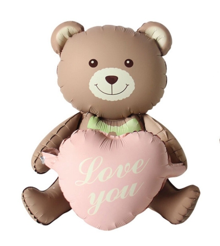 Balon din Folie Metalizata, Flippy, Figurina Animata, Model Ursulet cu Inimioare, 105.5 x 66.5 cm, Ambalaj Individual, Pai Inclus, Umflare cu Aer sau Heliu, Maro