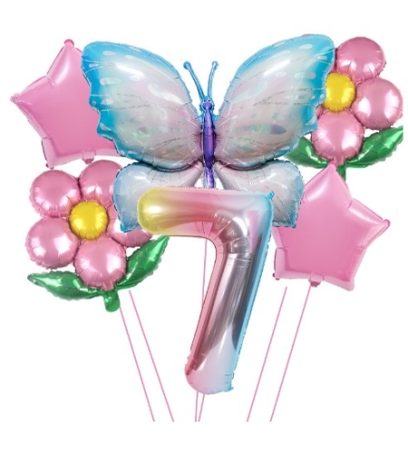 Set baloane aniversare cu numere, din folie de aluminiu, 6 piese, 2 flori, 2 stelute, 1 fluture, 1 cifra, Multicolor, Cifra 7