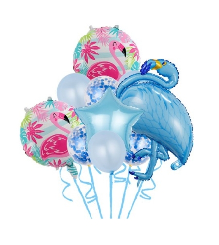 Set Baloane party aniversare, Flippy, din Folie de aluminiu si Latex, set din 10 baloane Flamigo Party, 1 stea, 5 baloane latex, 2 rotunde, 60 -90 cm, Albastru