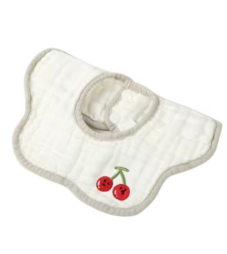 Baveta Tip Floare, Flippy, din Bumbac, pentru Copii 0-12 Luni, Rezistenta la apa, 8 Straturi, Model Tricotat cu Cirese, 26 x 29 cm, Alb