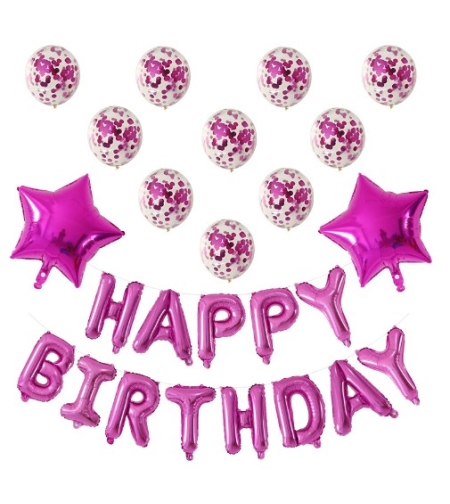 Set 12 Baloane si 1, Set pentru Aniversare, mesaj Happy Birthday, din folie de aluminiu, 30 -45 cm, Cu paiete, latex si folie, Roz