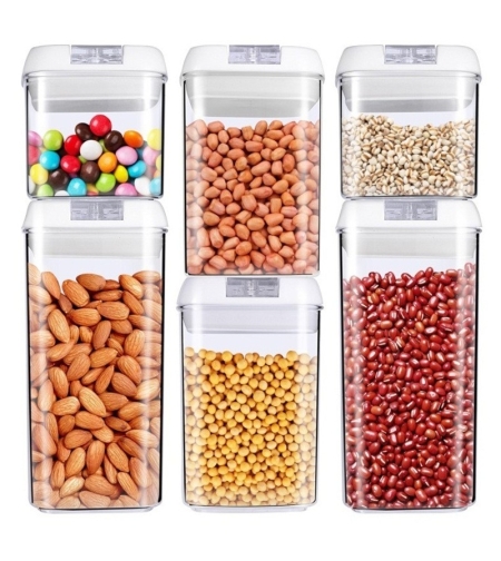 Set 6 Recipiente din Plastic, Flippy, pentru Alimente/Obiecte, Inchidere Ermetica, 2 x 0.5l, 2 x 0.8l, 2 x 1.2l, Capac Alb, Transparent