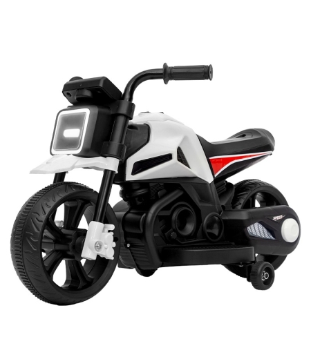 Motocicleta Electrica cu 2 Roti Mari si 2 Roti Ajutatoare, Flippy, Acumulator Incarcare, Anti-Rasturnare, Lumini, Muzica, Motor:380, Baterie 6V4.5, 41.5x70x34 cm, 4.5 Kg, 3 Ani+, Alb Negru