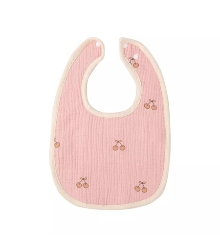 Baveta in Forma de U, Flippy, din Bumbac, pentru Copii 0-12 Luni, Rezistenta la Apa, cu Capse, Model cu Cirese,  21x30 cm, Roz