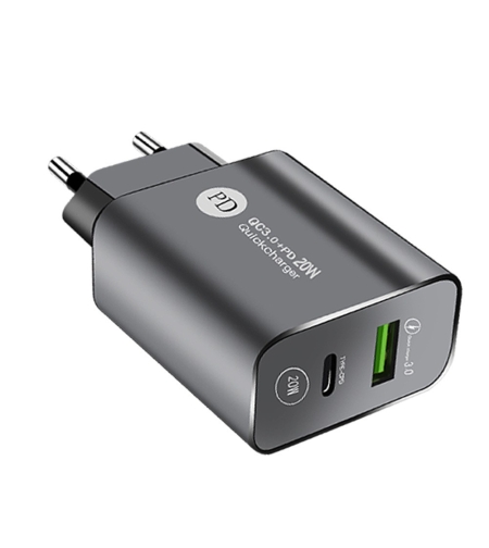 Incarcator Rapid PD QC3.0, Flippy, 2 Porturi, USB + Type C, 20W, Incarcare Rapida, Protectie Supraincalzire, 9.5 x 5.3 x 5.8 cm, Negru