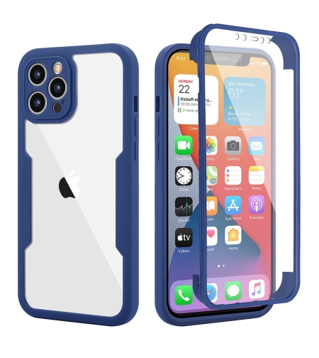Husa Max Defence pentru iPhone 11, Albastru, Fata Dubla Transparenta, Protectie Antisoc Full 360 ( fata, spate, margini ), Flippy