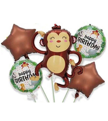 Baloane pentru aniversare, Flippy, tematica Happy Birthday, set 5 baloane, 1 Maimuta 85 x 89 cm, 2 Stele, 2 Rotunde, din folie de aluminiu, pai de carton inclus, Maro