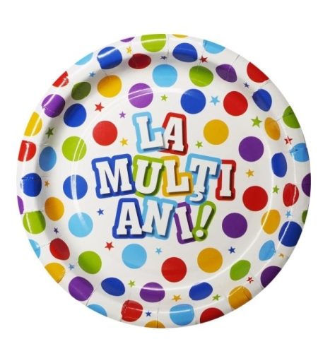 Set 10 Farfurii Unica Folosinta, Flippy, Imprimeu La Multi Ani, din Carton, Diametru 17 cm, Multicolor