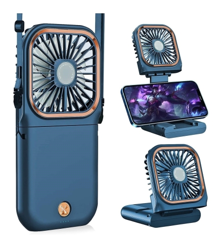 Ventilator Portabil Flippy, 3 in 1, de Mana, de Gat, de Birou, 16.7 x 8 x 1.9 cm, 3 Trepte de Viteza, Incarcare USB, Pliabil, Afisaj Digital, Suport Telefon, Albastru