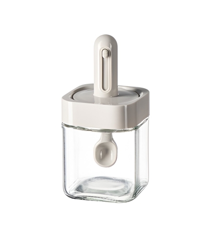 Recipient pentru Depozitarea Condimentelor, Flippy, Borcan din Sticla, Capac si Lingura Incorporate, Uz Casnic, 300 ml, 7.1x7.1x14.8 cm, Gri