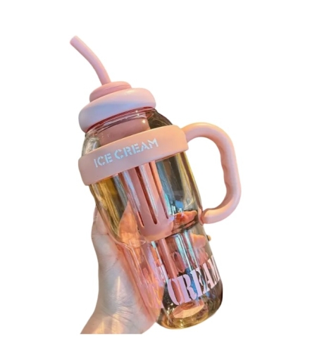 Sticla de Apa, Flippy, Termica, Mentinere 6 Ore, 1400 mL, cu Pai si Capac, PP si Silicon, cu Maner Alb, 25.5x7.5 cm, Roz Deschis
