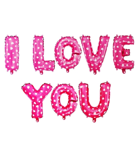 Set 8 Baloane din Folie Metalizata, Figurine Litere, Model I Love You, Tema Ziua Indragostitilor, 40 cm, Ambalaj Individual, Pai Inclus, Umflare cu Aer sau Heliu, Roz cu Inimioare Albe